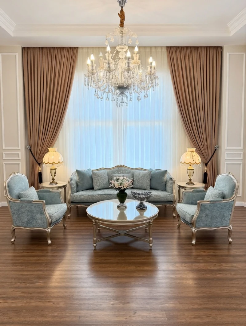 Powder Blue Velvet Seating with Silver Carved Frames