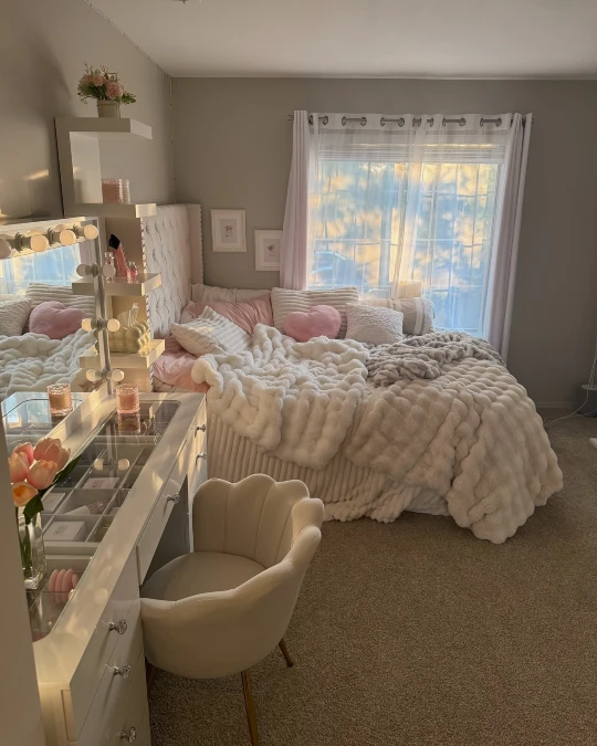 Practical Vanity Placement And Plush Bedding