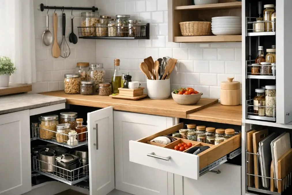 Pull Out Drawer Inserts and Wire Basket Shelves Reorganize Every Cabinet Zone