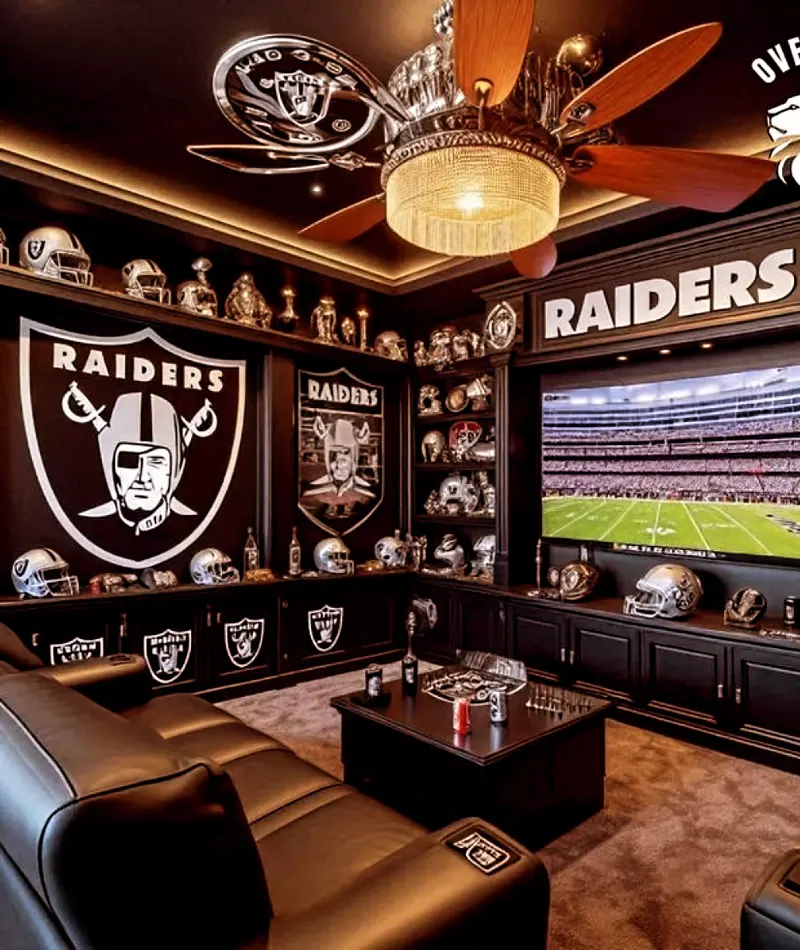 Raiders-Themed Black Custom Millwork Media Center with Silver Helmet Displays