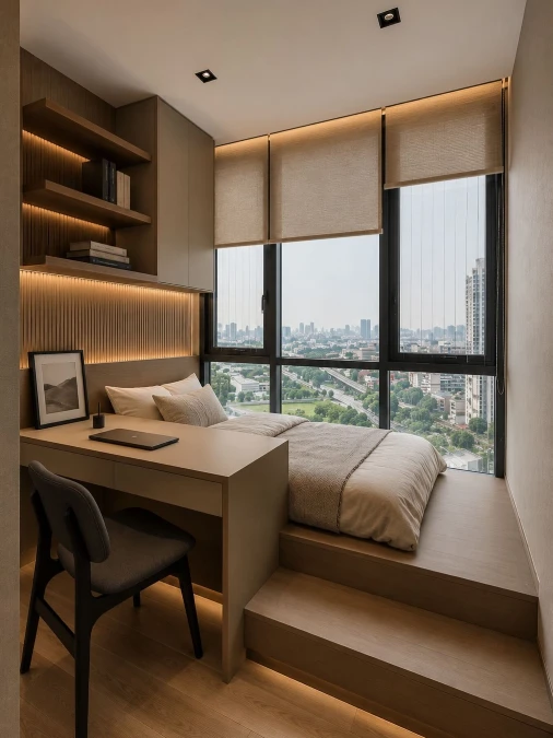 Raised Platform Bed and Integrated Desk