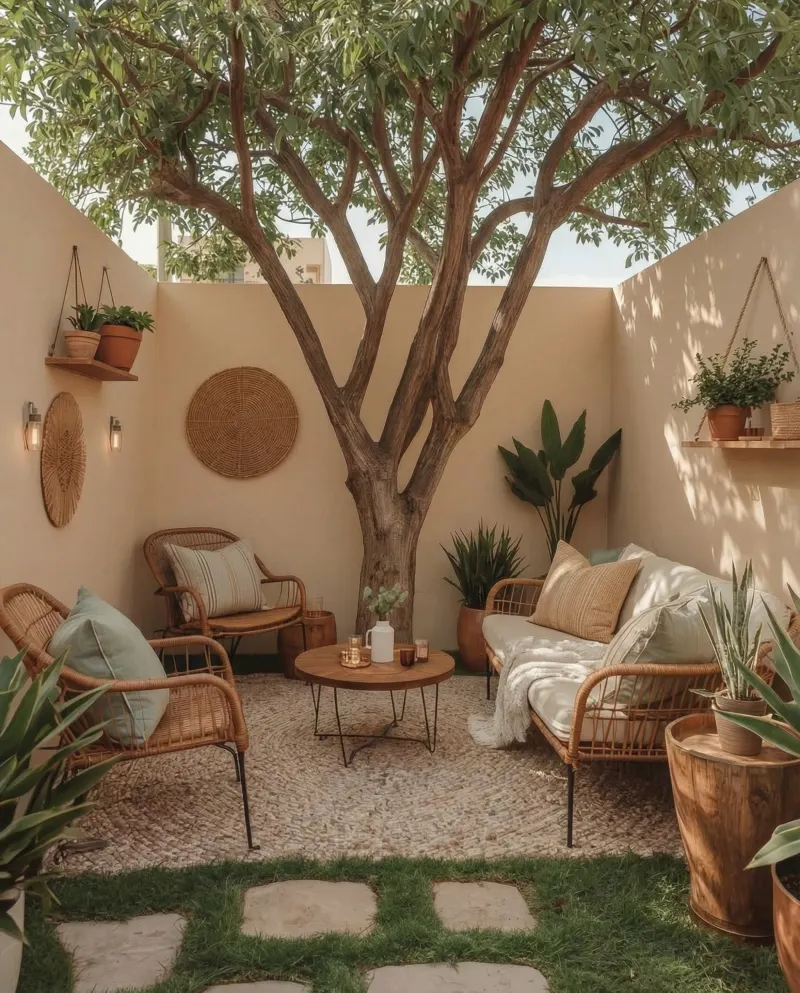 Rattan Conversation Set Beneath a Mature Shade Tree