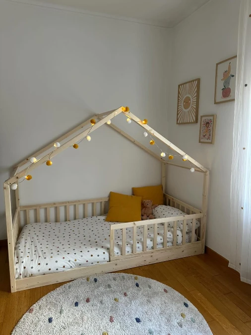 Raw Wood House Bed With Mustard Yellow Accents