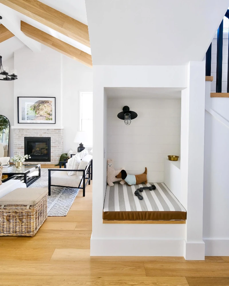 Recessed Wall Nook with Shiplap Paneling and Striped Cushion