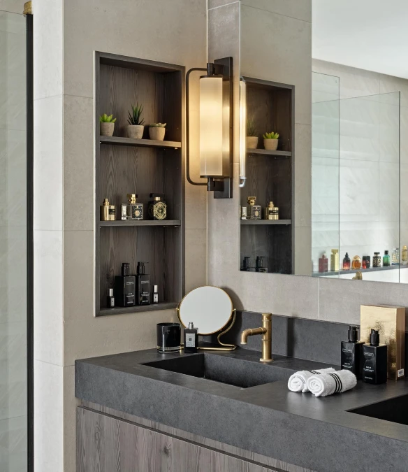 Recessed Wood Shelving and Heavy Stone Sinks