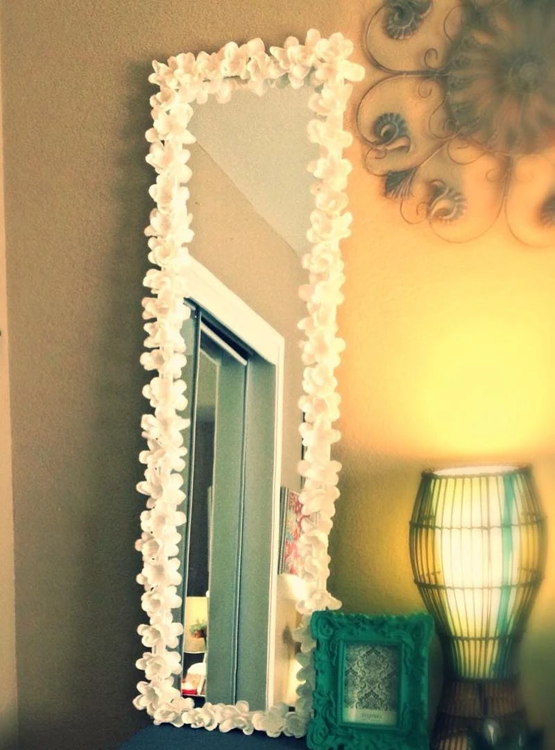 Rectangular Mirror Bordered with Lush White Fabric Florals