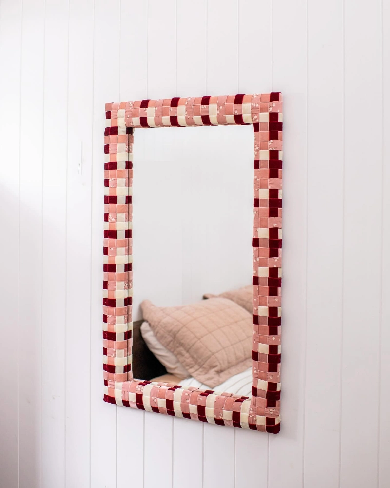 Rectangular Mirror Framed in a Woven Velvet Grid