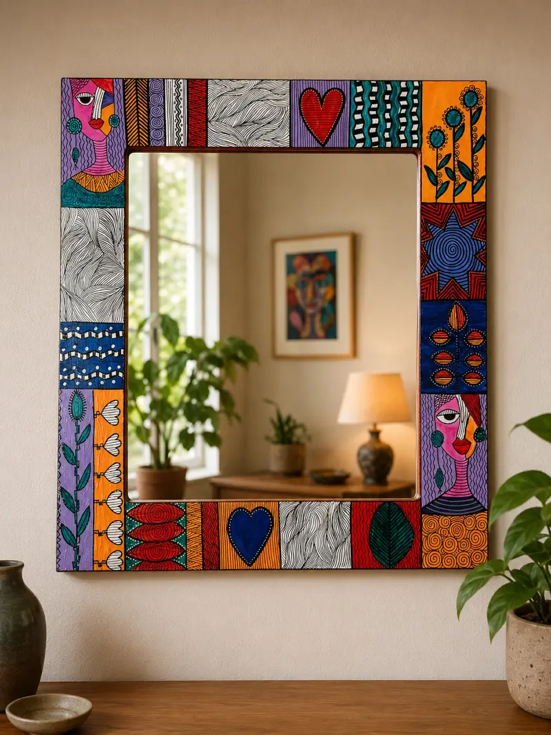 Rectangular Mirror with Hand-Painted Folk Art Tiles