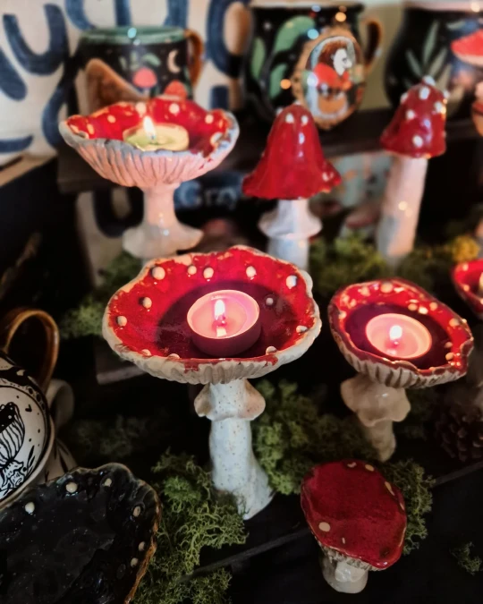 Red Ceramic Mushroom Tealight Holders