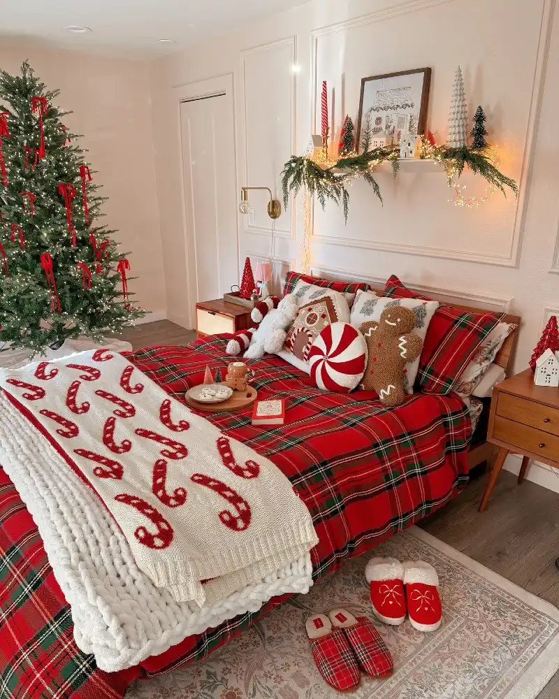 Red Plaid Bedding with Candy Cane Blanket, Peppermint Cushions, and Lighted Floating Shelf