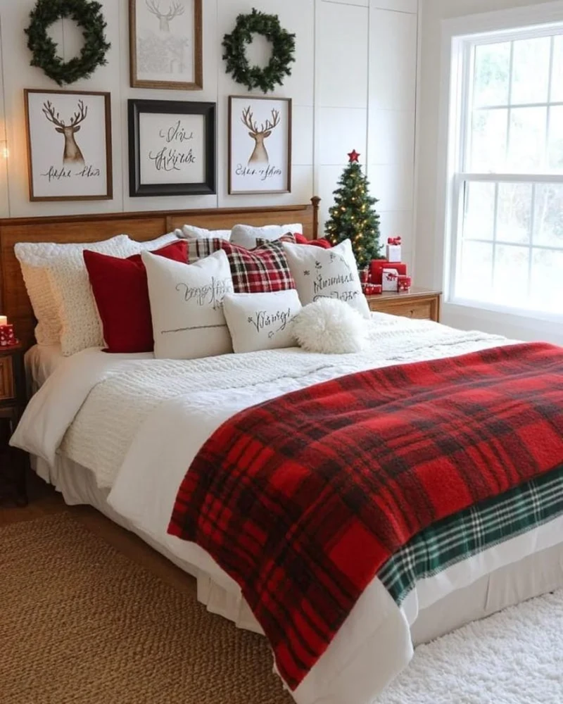 Red Plaid Blanket Layering with Woven Wreaths and Stag Prints
