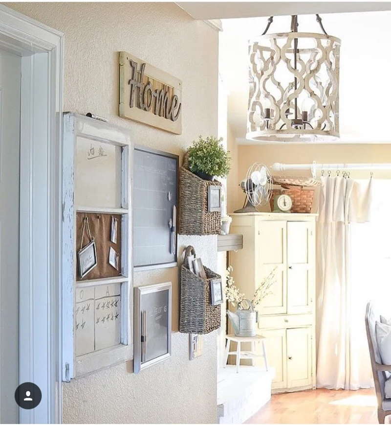 Repurposed Vintage Window Frame Command Wall with Woven Baskets