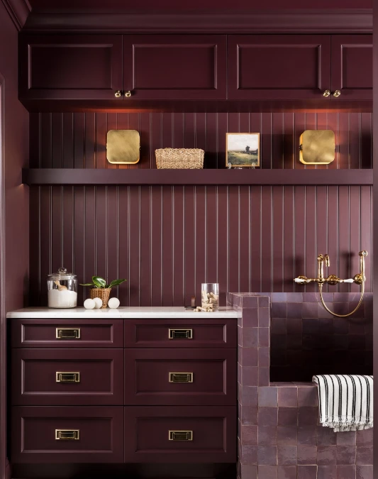 Rich Plum Utility Room With Brass Fixtures
