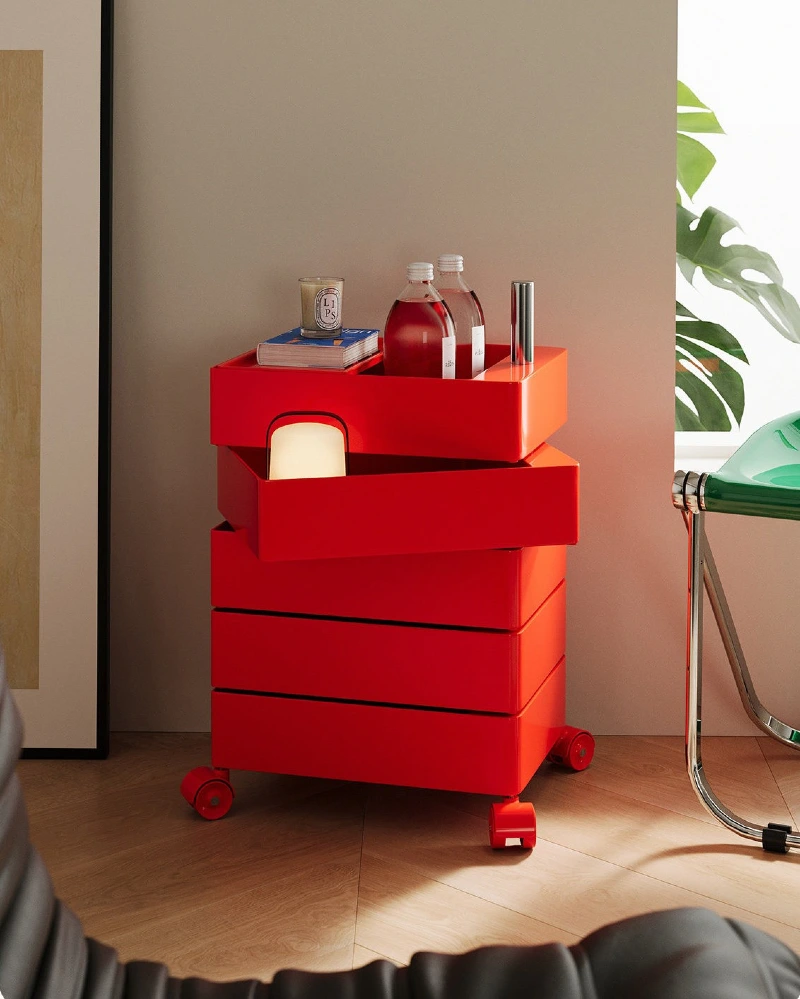 Rolling Red Drawer Cart with a Tray Top and Hidden Light
