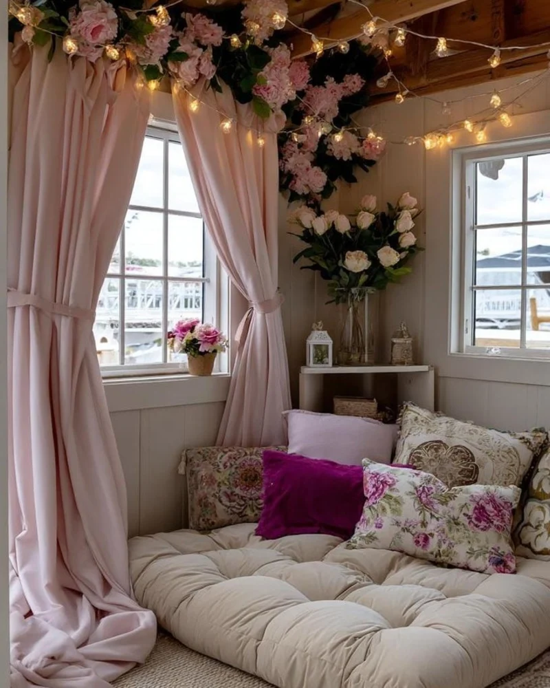 Romantic Tufted Floor Mattress Daybed with Pink Silk Drapes and Faux Florals