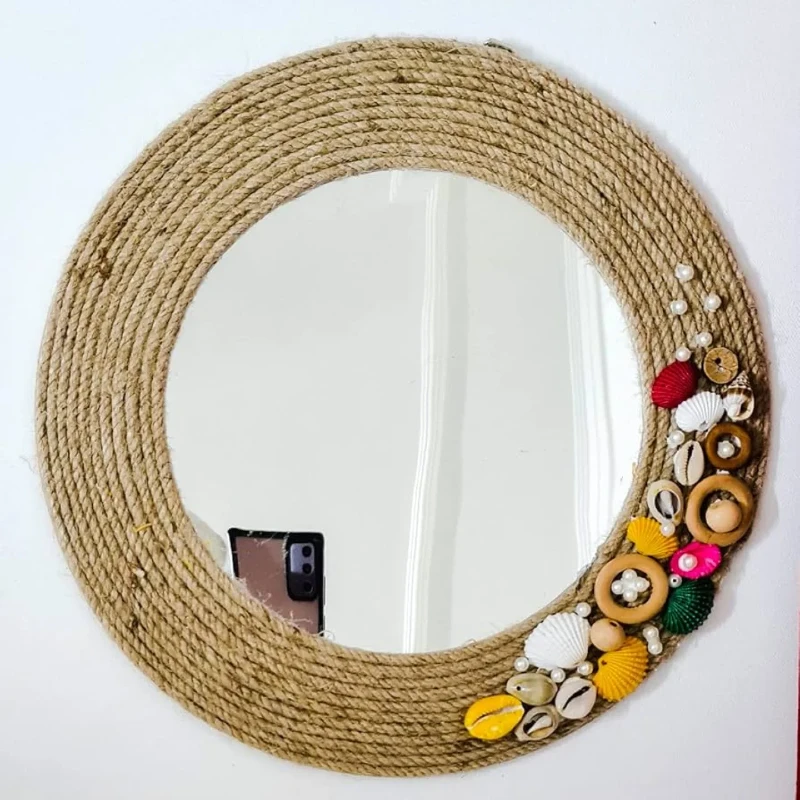 Rope-Wrapped Circular Mirror with Asymmetrical Seashell Accents