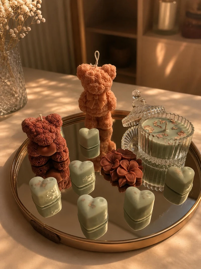 Round Brass Mirror Tray with Teddy Bear Candles, Heart Wax Melts, and a Ribbed Glass Jar