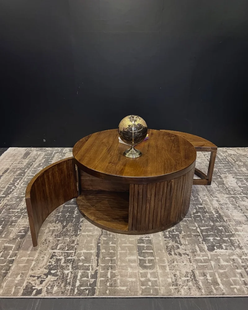 Round Fluted Coffee Table with Swing Out Side Tables