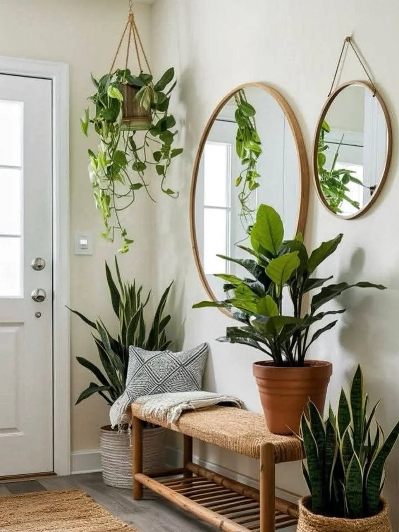 Round Mirrors with Rattan Bench and Abundant Potted Plants