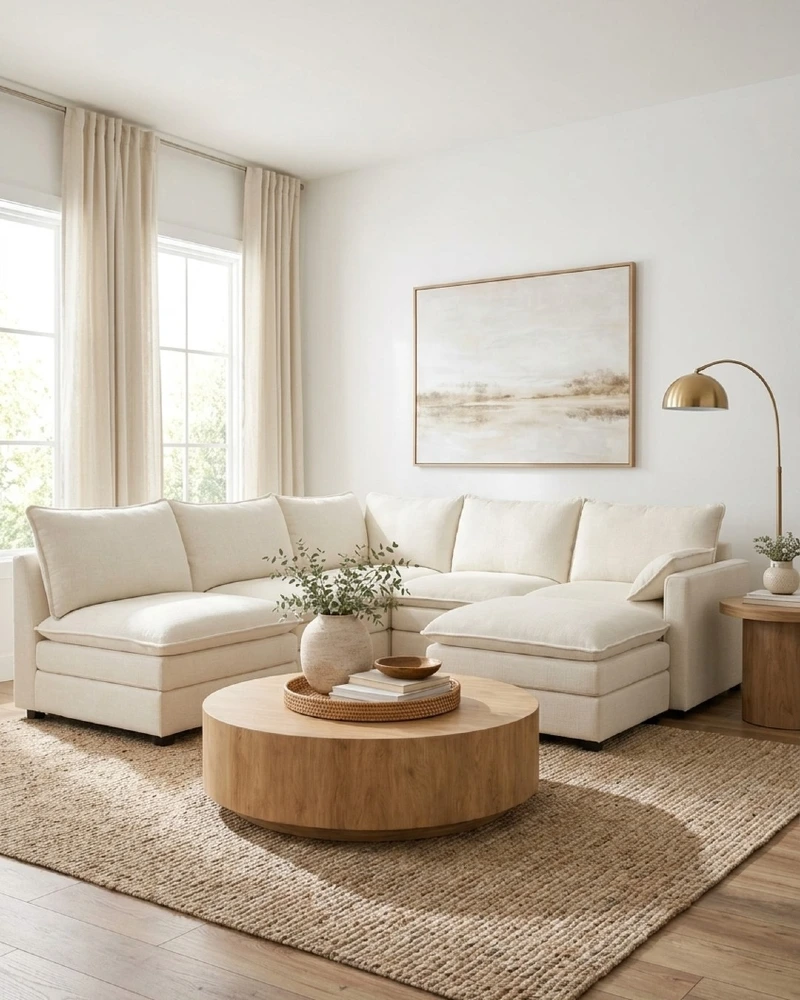 Round Oak Coffee Table with Brass Floor Lamp and Layered Linen Drapes