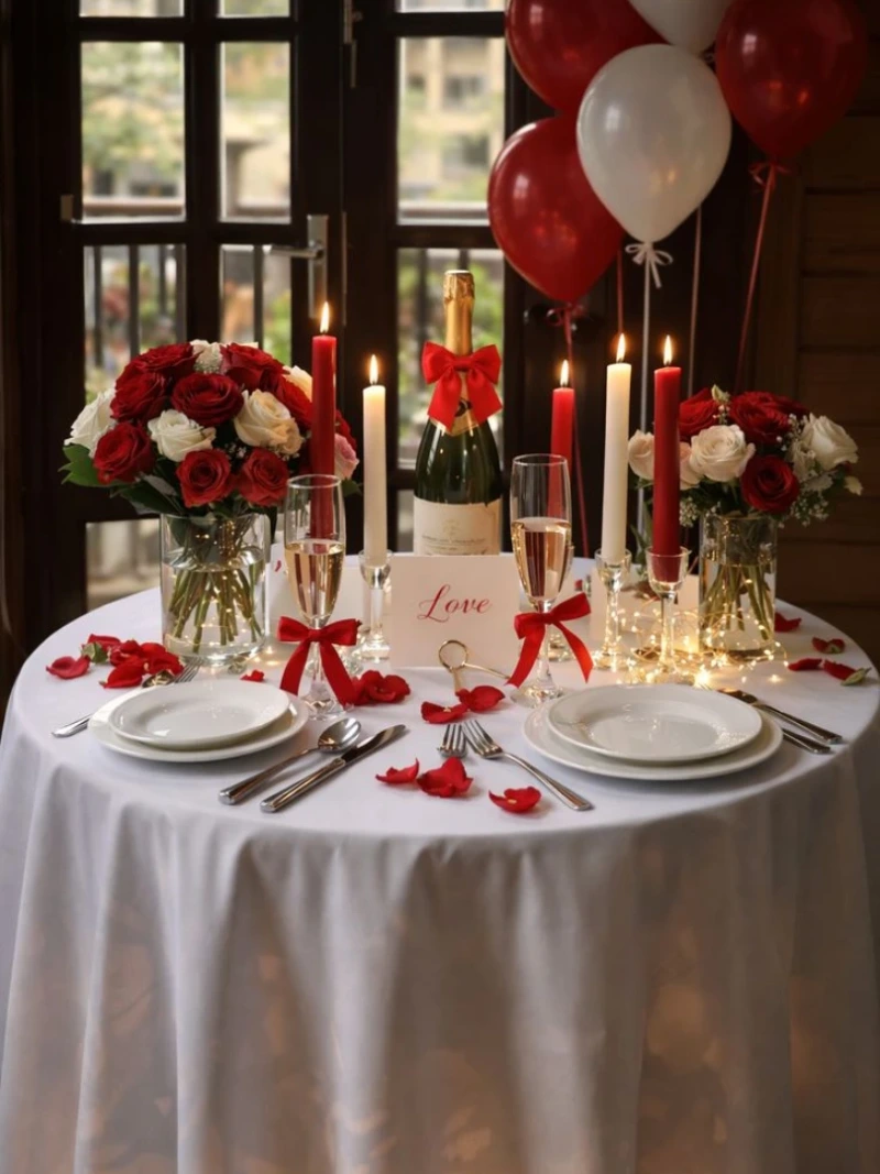 Round White Tablecloth with Alternating Taper Candles and Red and White Rose Bouquets
