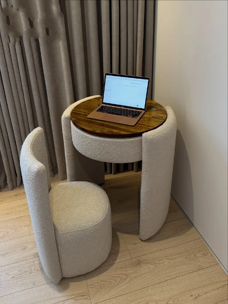 Round Wood Work Table with Curved Nesting Chairs