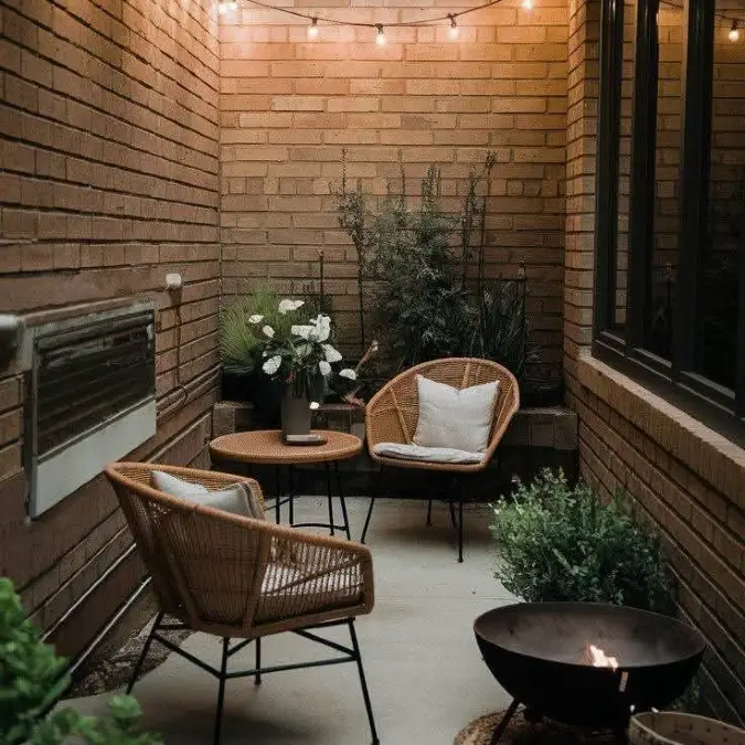 Rounded Woven Chairs Soften Rigid Brick Walls