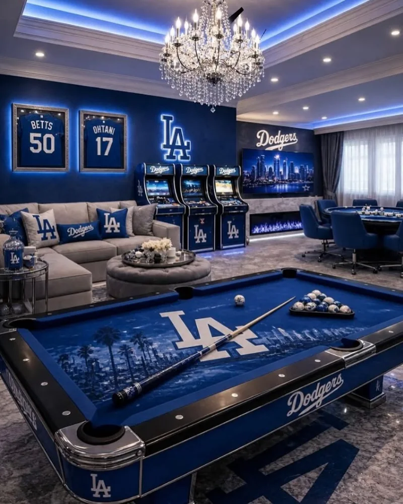 Royal Blue Dodgers-Themed Lounge with Custom Billiard Table and Arcade Cabinets