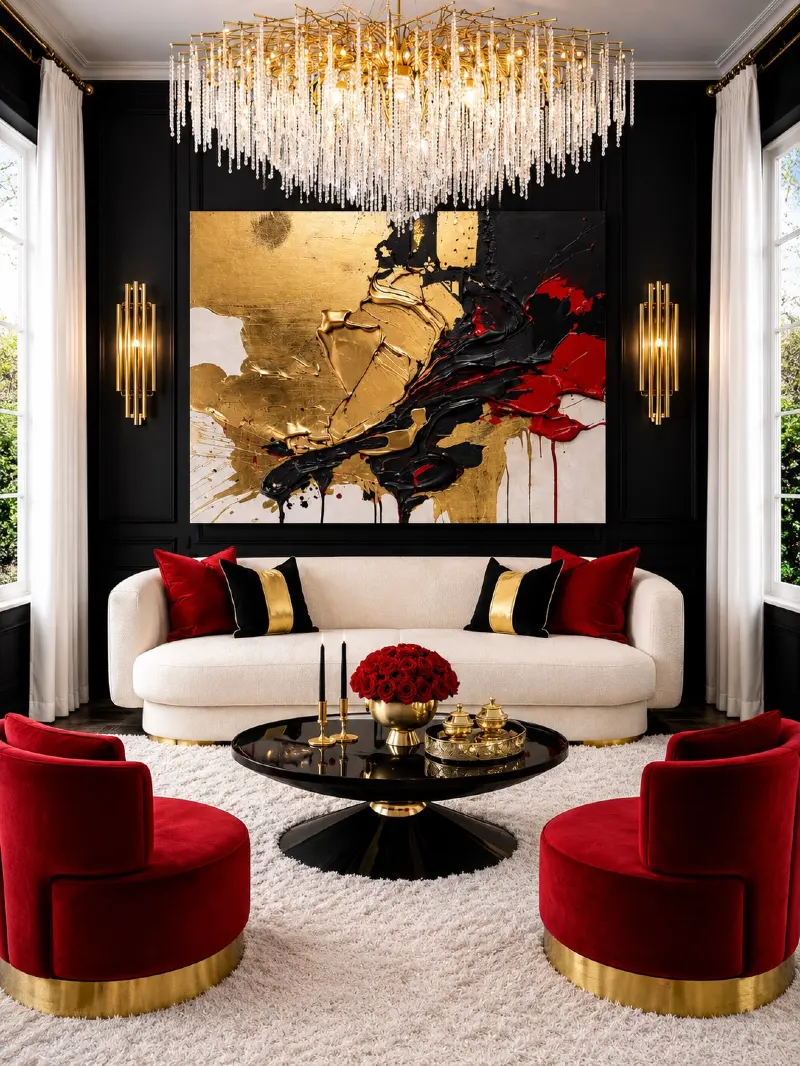 Ruby Velvet Chairs with Black Walls and Gold Lighting