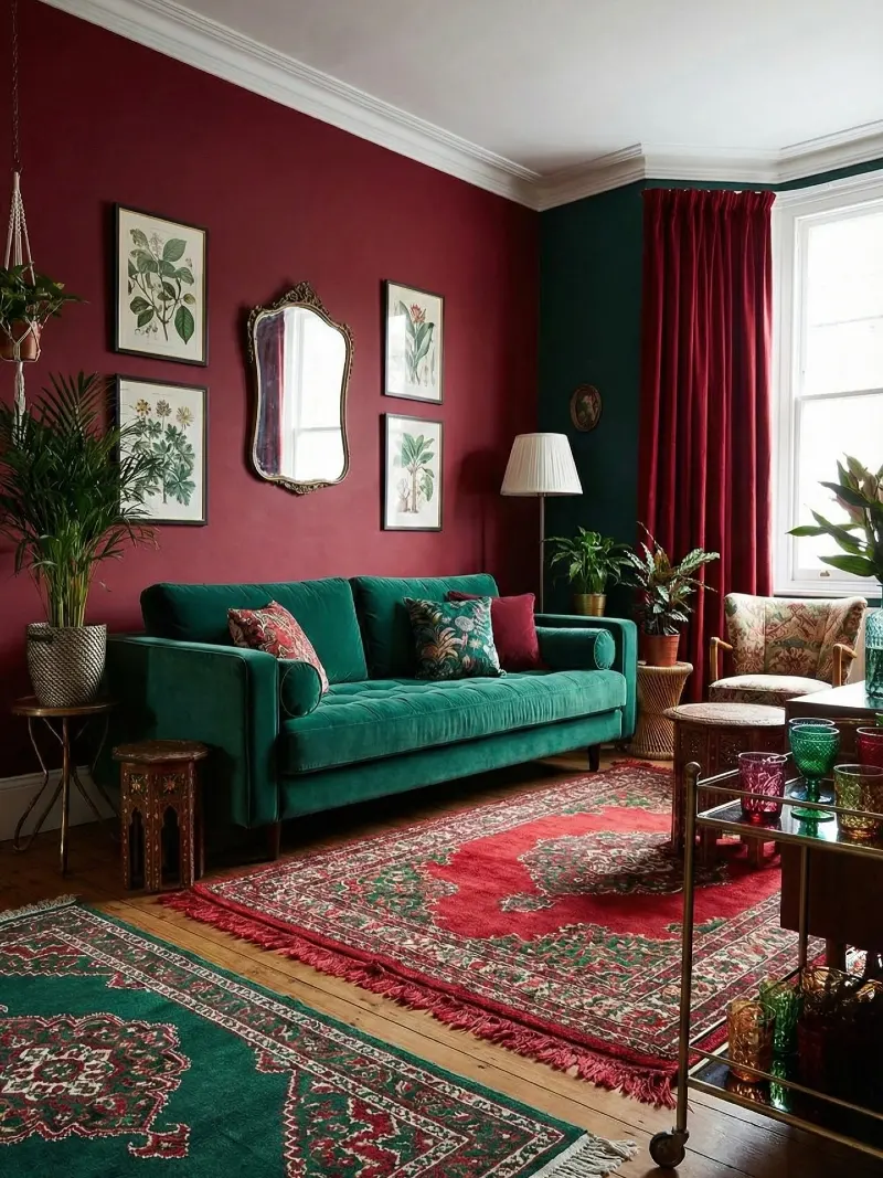 Ruby Walls with an Emerald Velvet Sofa and Layered Persian Rugs