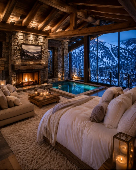 Rugged Wood Beams and Plush Winter Bedding
