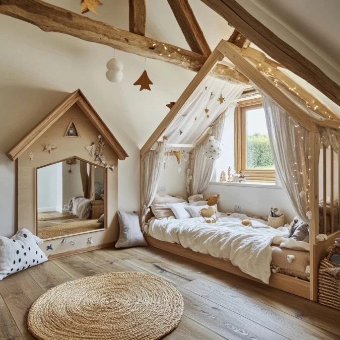 Rustic Attic Floor Bed With House Shaped Mirror