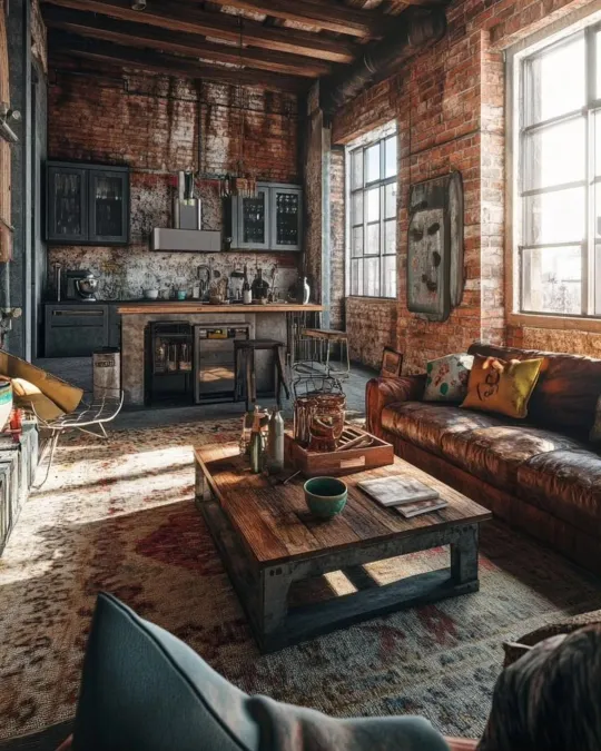 Rustic Brick Loft Living Room With Open Kitchen And Leather Sofa