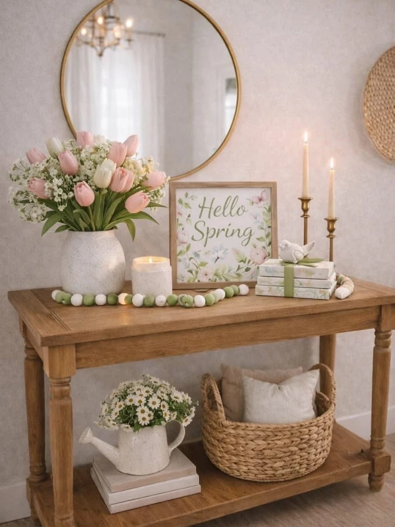 Rustic Console Table with Seasonal Spring Florals and Candlelight