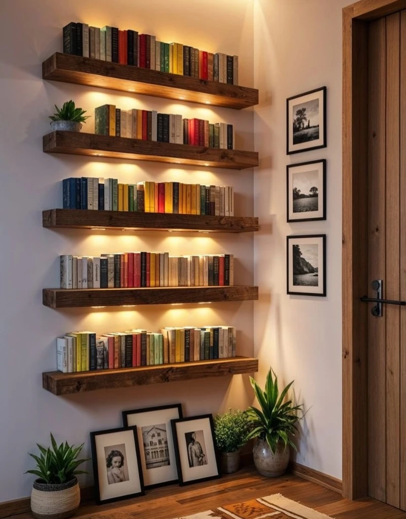Rustic Floating Shelves with Warm Integrated Lighting