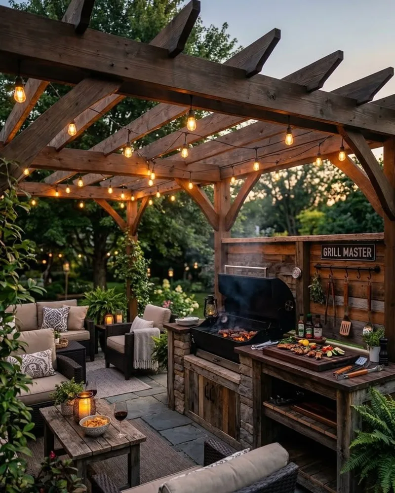  Rustic Pergola with Built-In Grill Station and Cozy Conversation Area