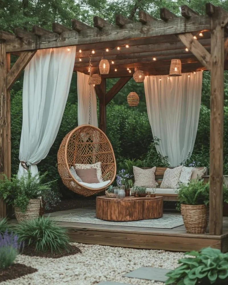 Rustic Pergola with Flowing White Curtains and a Hanging Rattan Egg Chair