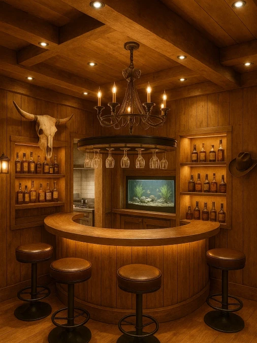 Rustic Round Bar with Candle Chandelier and Aquarium
