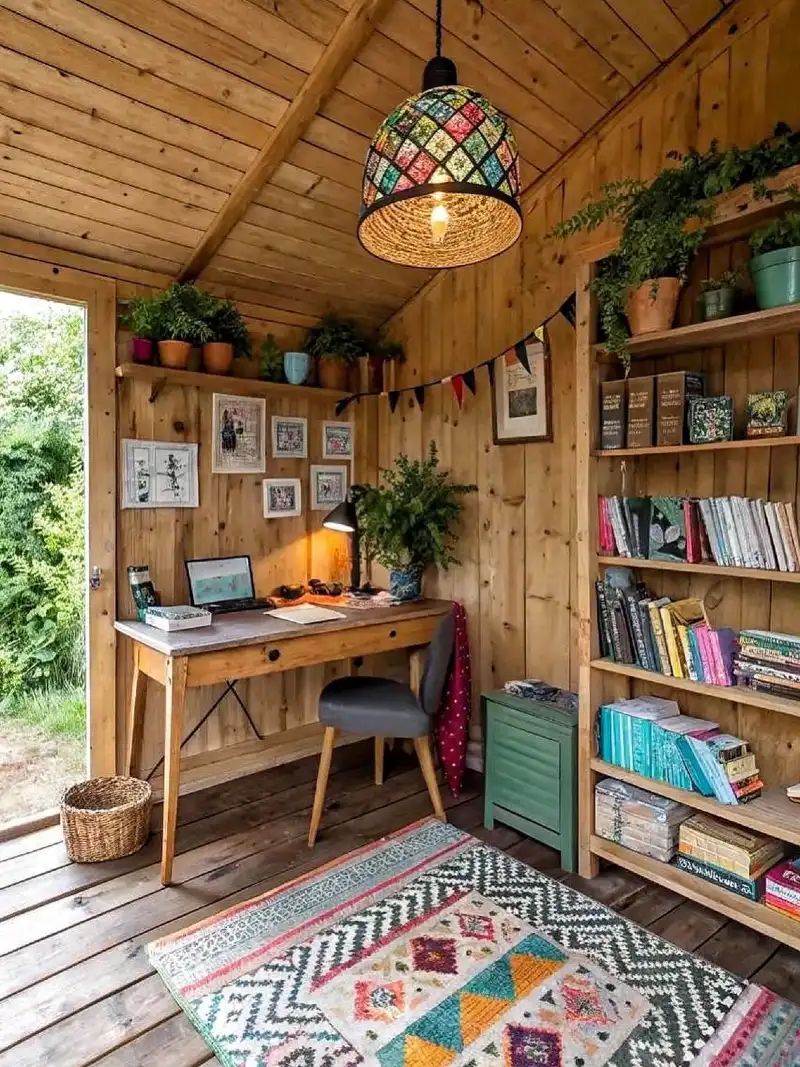 Rustic Timber Writing Nook with Mosaic Pendant and Packed Bookshelf