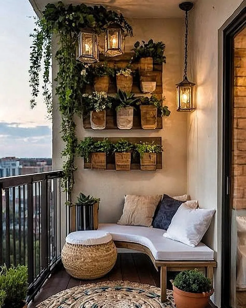Rustic Wall Planter Display with Lantern Lighting and Built-In Bench