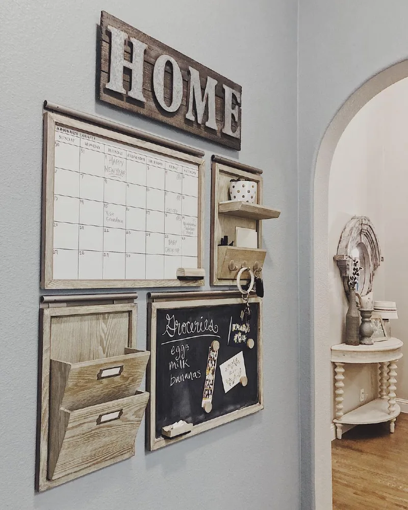 Rustic Whitewashed Wooden Wall Gallery with Chalkboard and Key Shelf