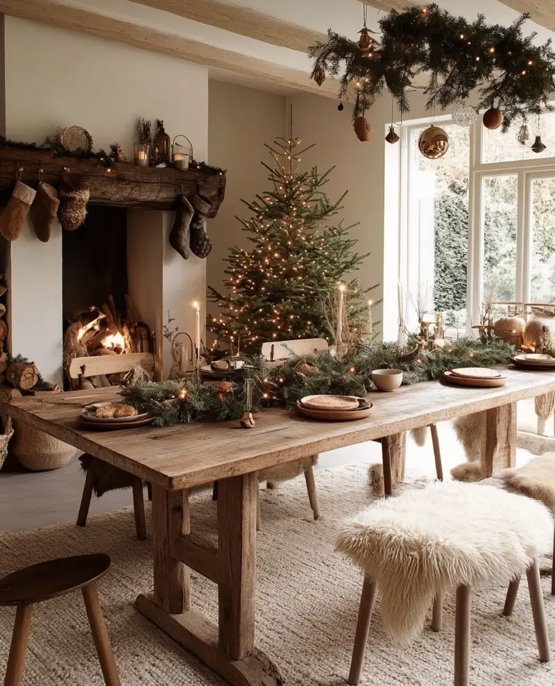 Rustic Wooden Dining Table with Sheepskin Stools and Garland Centerpiece