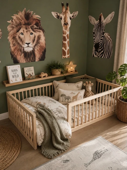Safari Themed Floor Bed With Deep Green Walls