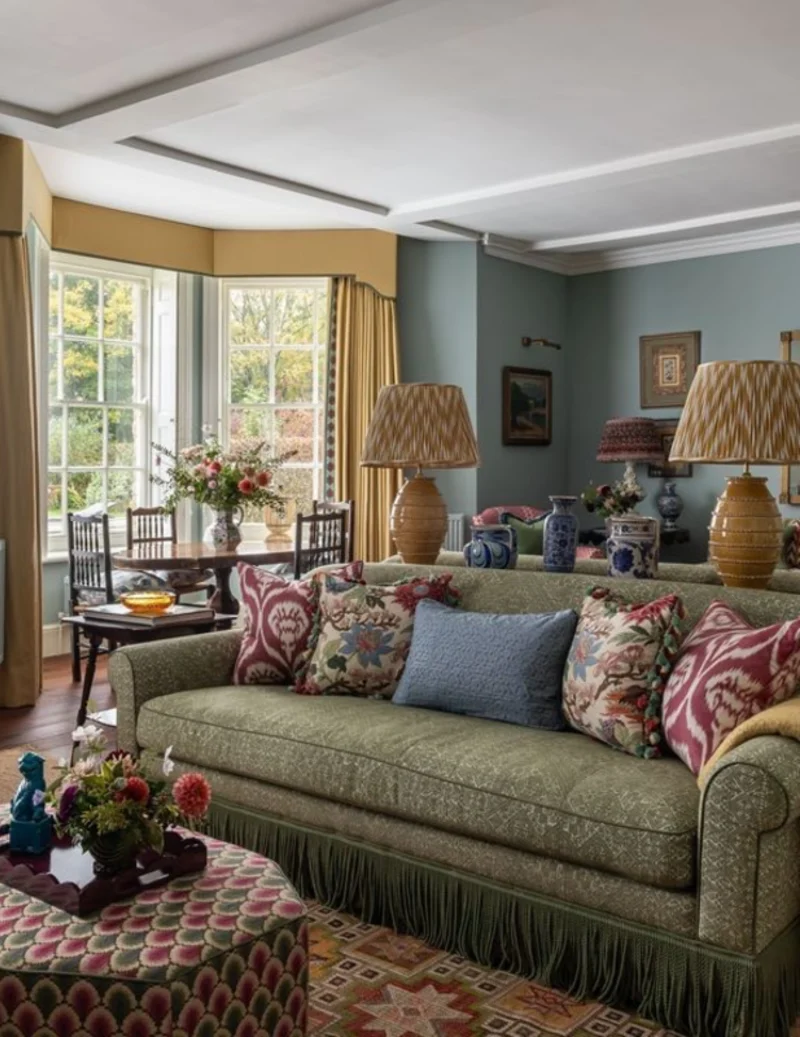 Sage Fringe Sofa with Patterned Ottoman and Yellow Bay Window Drapes