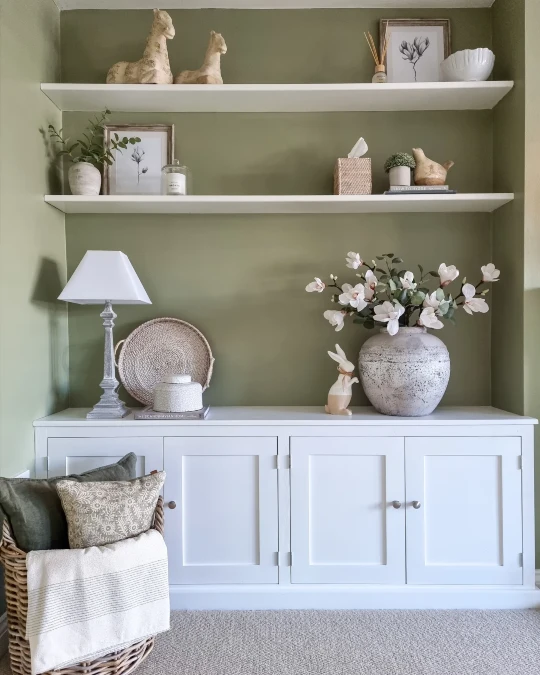 Sage Green Alcove With Open Shelving