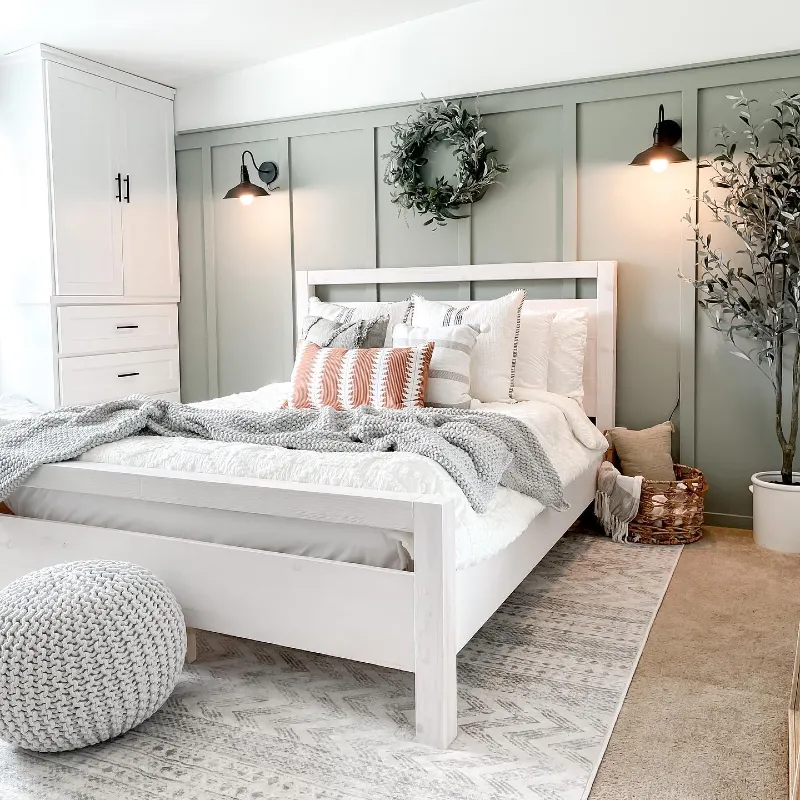 Sage Green Board and Batten Accent Wall with White Wood Bed Frame