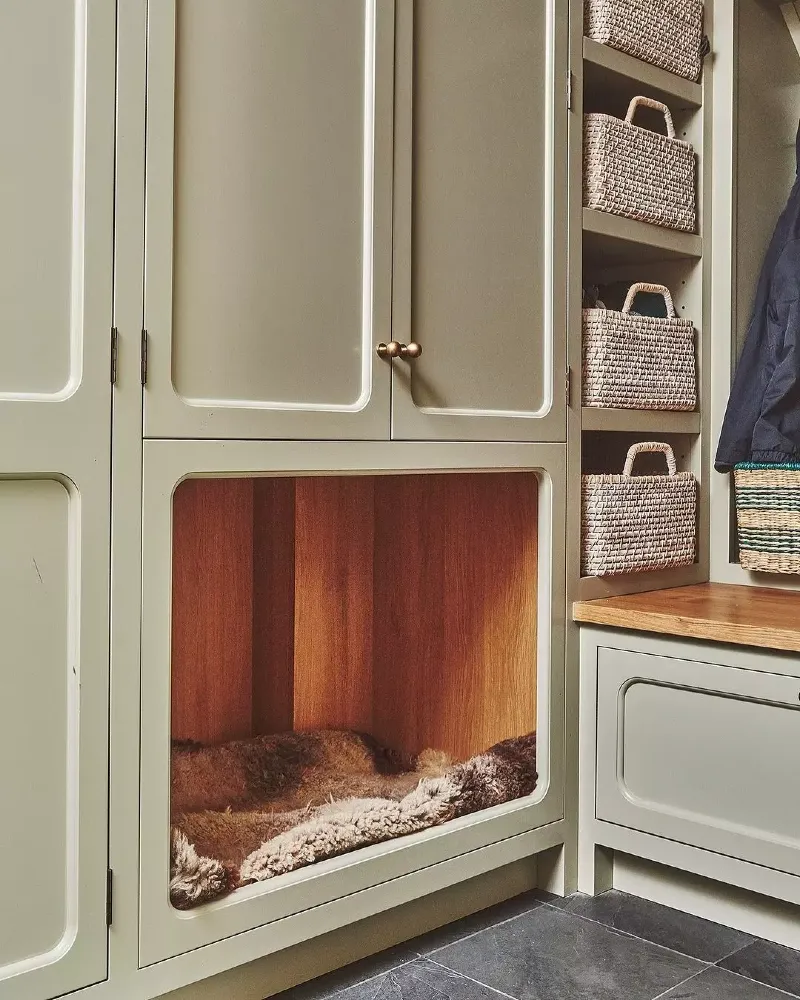 Sage Green Cabinetry with Warm Wood-Lined Pet Cubby