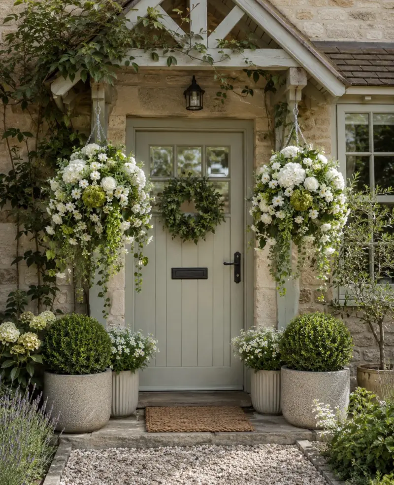 Sage Green Cottage Door with Cascading Floral Baskets and Boxwood Spheres