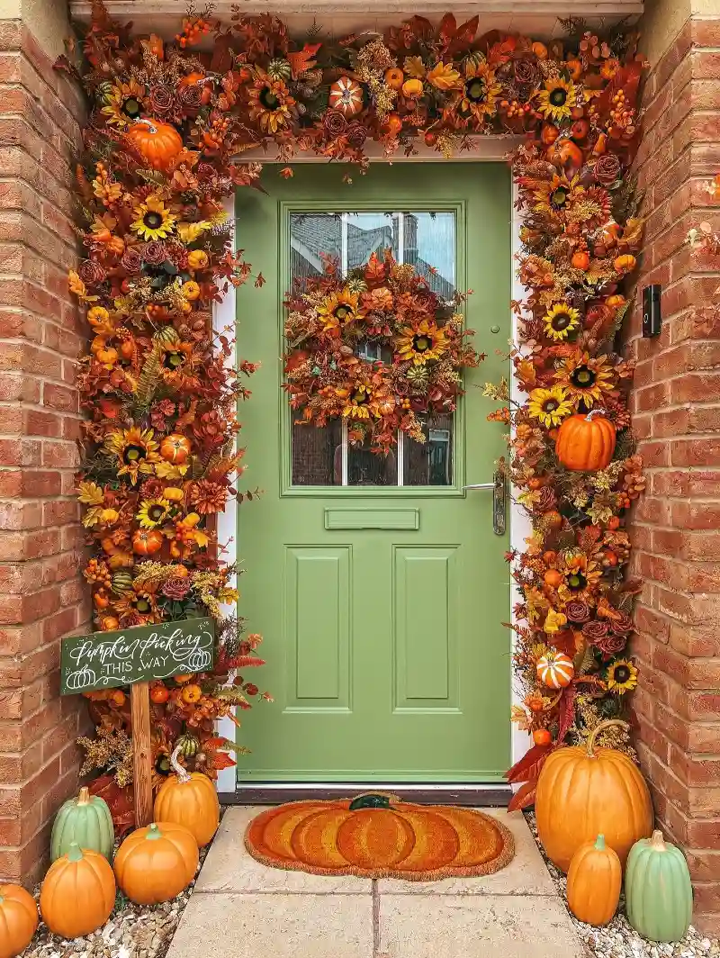 Sage Green Front Door with Sunflower Garland, Pumpkin Doormat, and Assorted Porch Gourds
