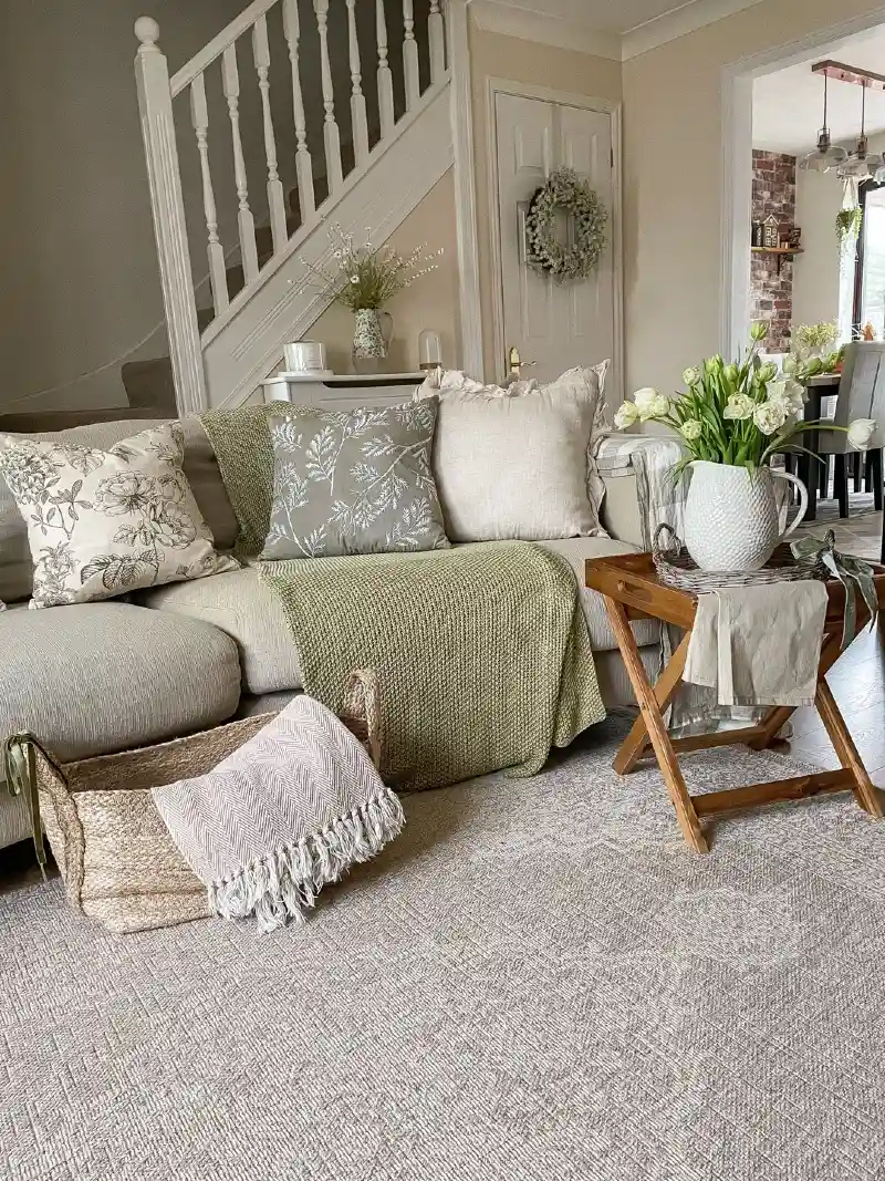 Sage Green Knit Throw with Fresh Tulips and Woven Basket Storage